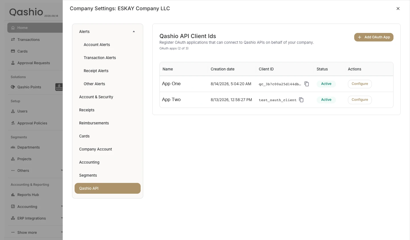 Company Settings, Qashio API tab, listing the OAuth apps registered for the company