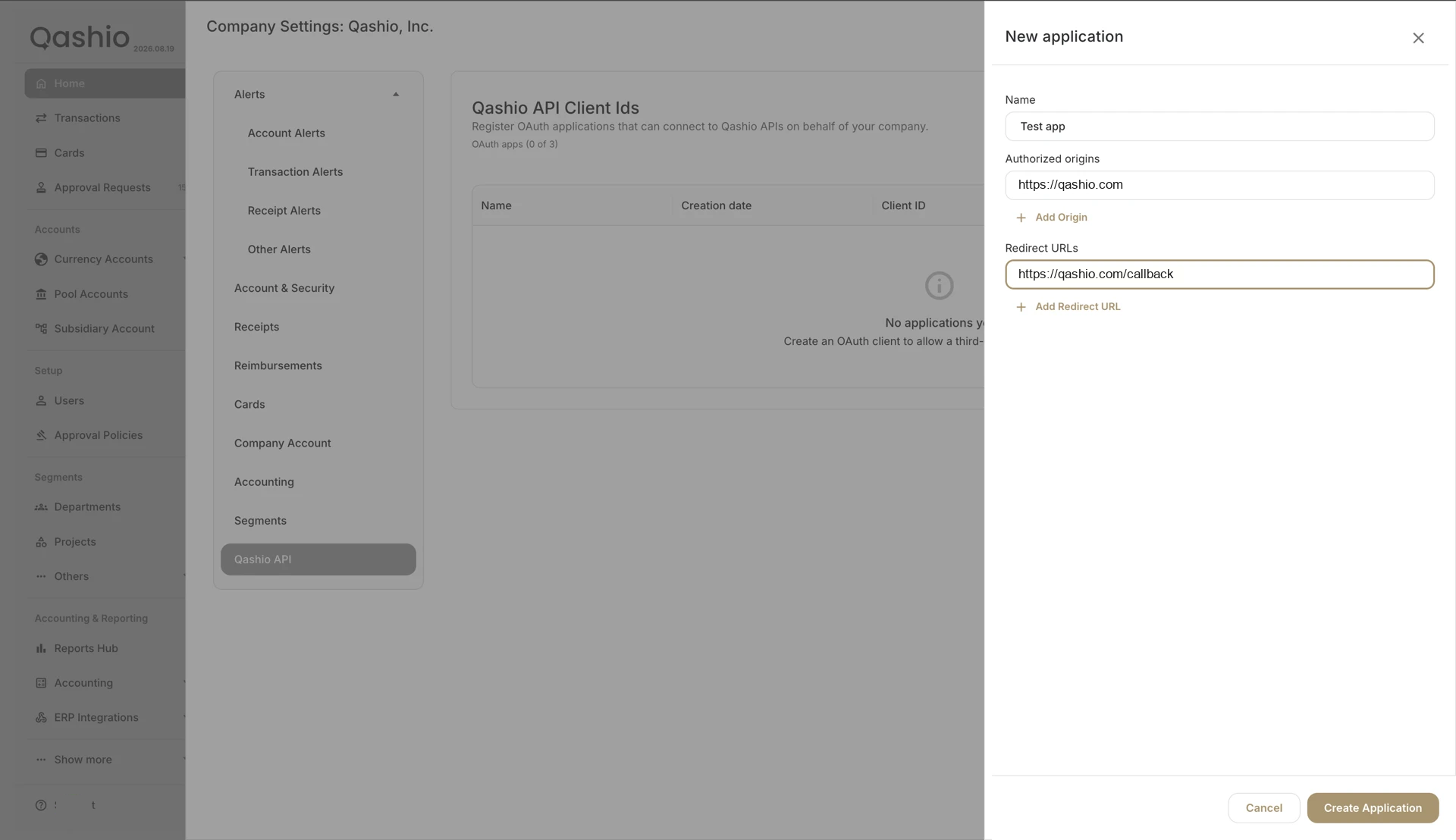 The New application drawer, with Name, Authorized origins and Redirect URLs filled in