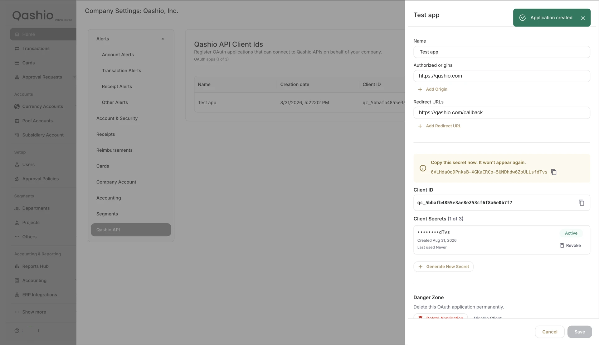 The created app showing the one-time client secret, the Client ID, and the client secrets list