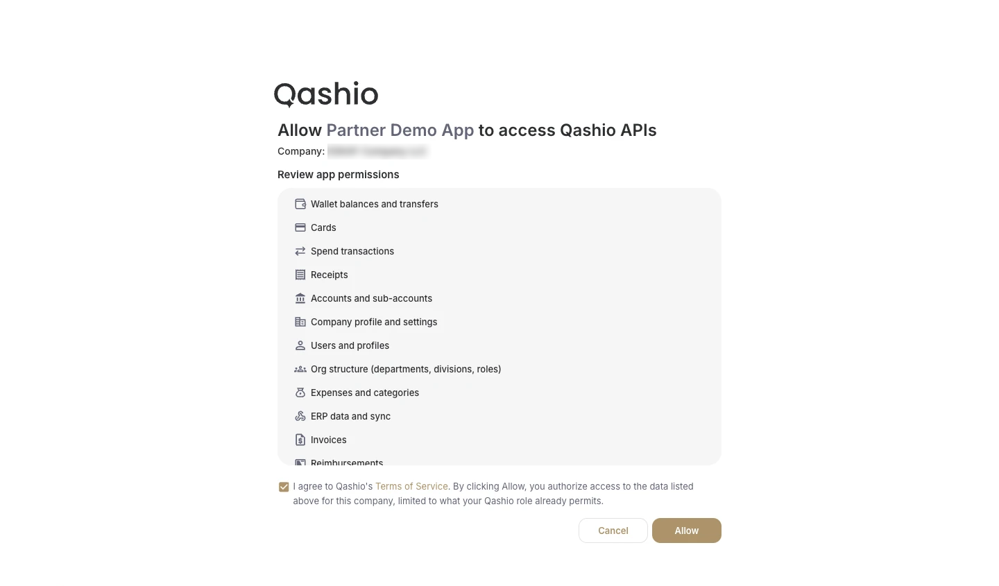 The consent screen listing app permissions, with the terms checkbox and the Allow button