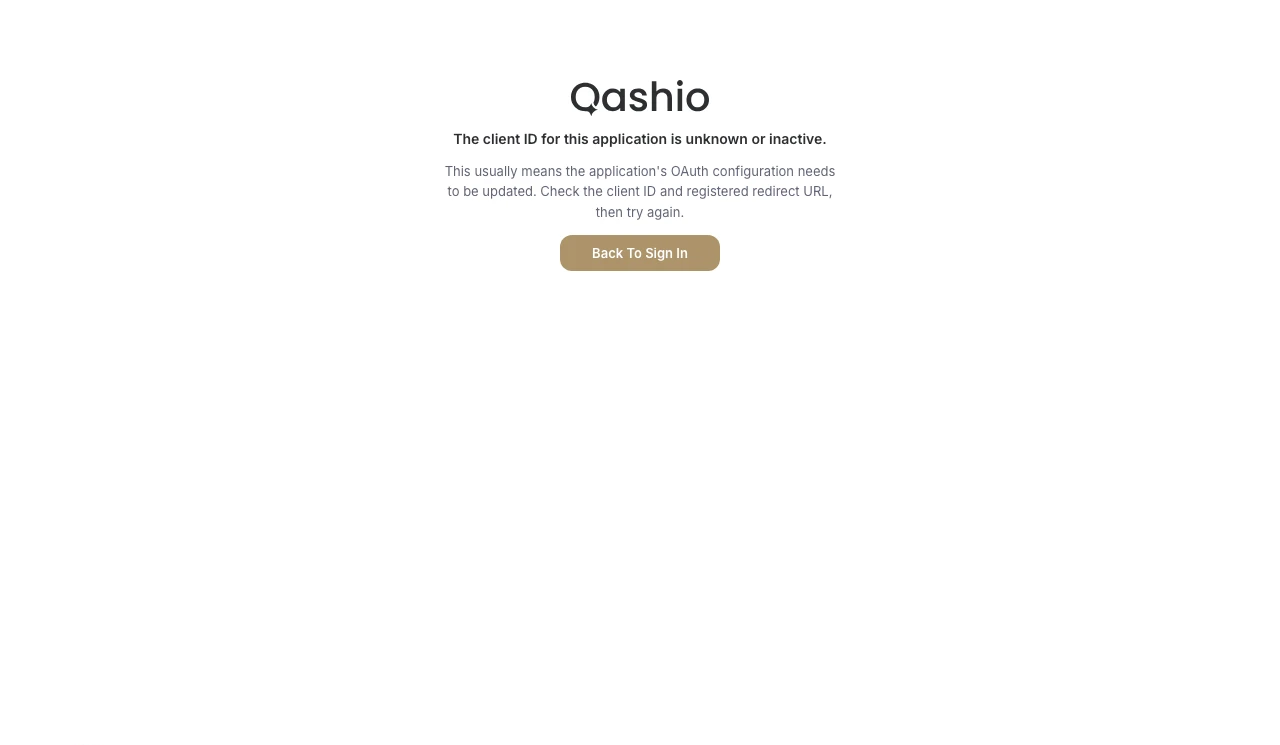 Qashio error page: the client ID for this application is unknown or inactive