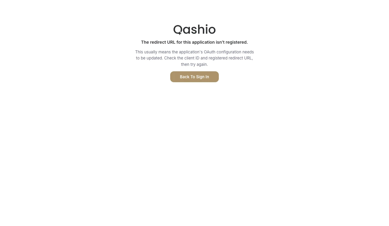 Qashio error page: the redirect URL for this application is not registered
