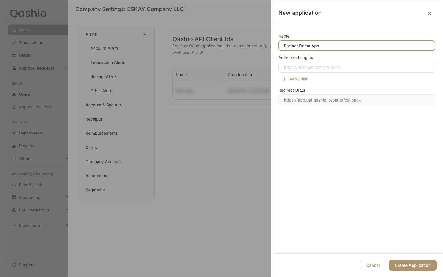The New application drawer for an in-app company: Name is editable, Redirect URLs is pre-filled and greyed out