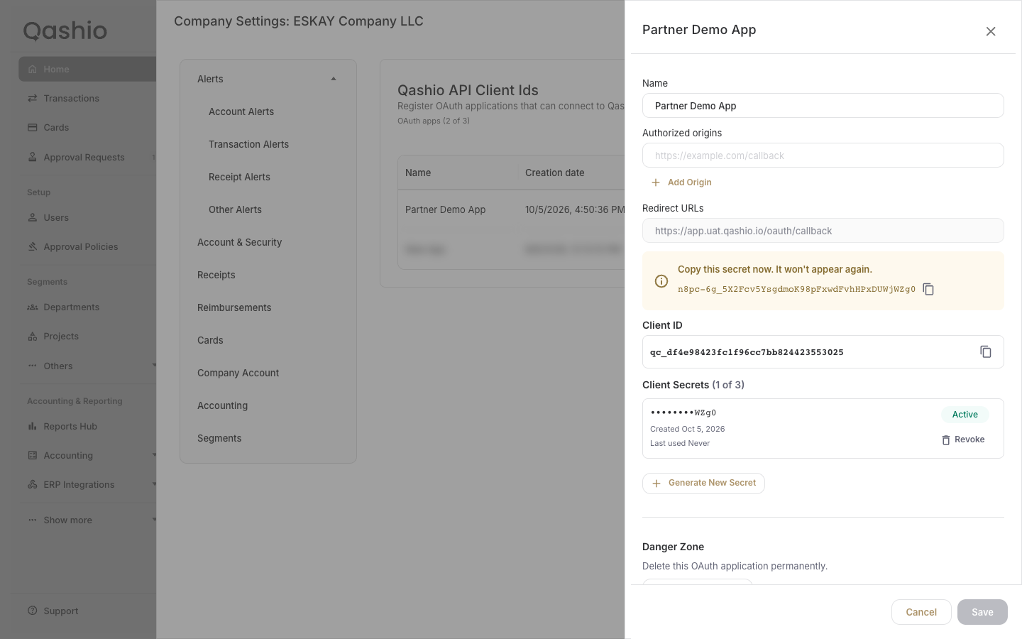 The created app showing the one-time client secret, the Client ID, and the locked redirect URL