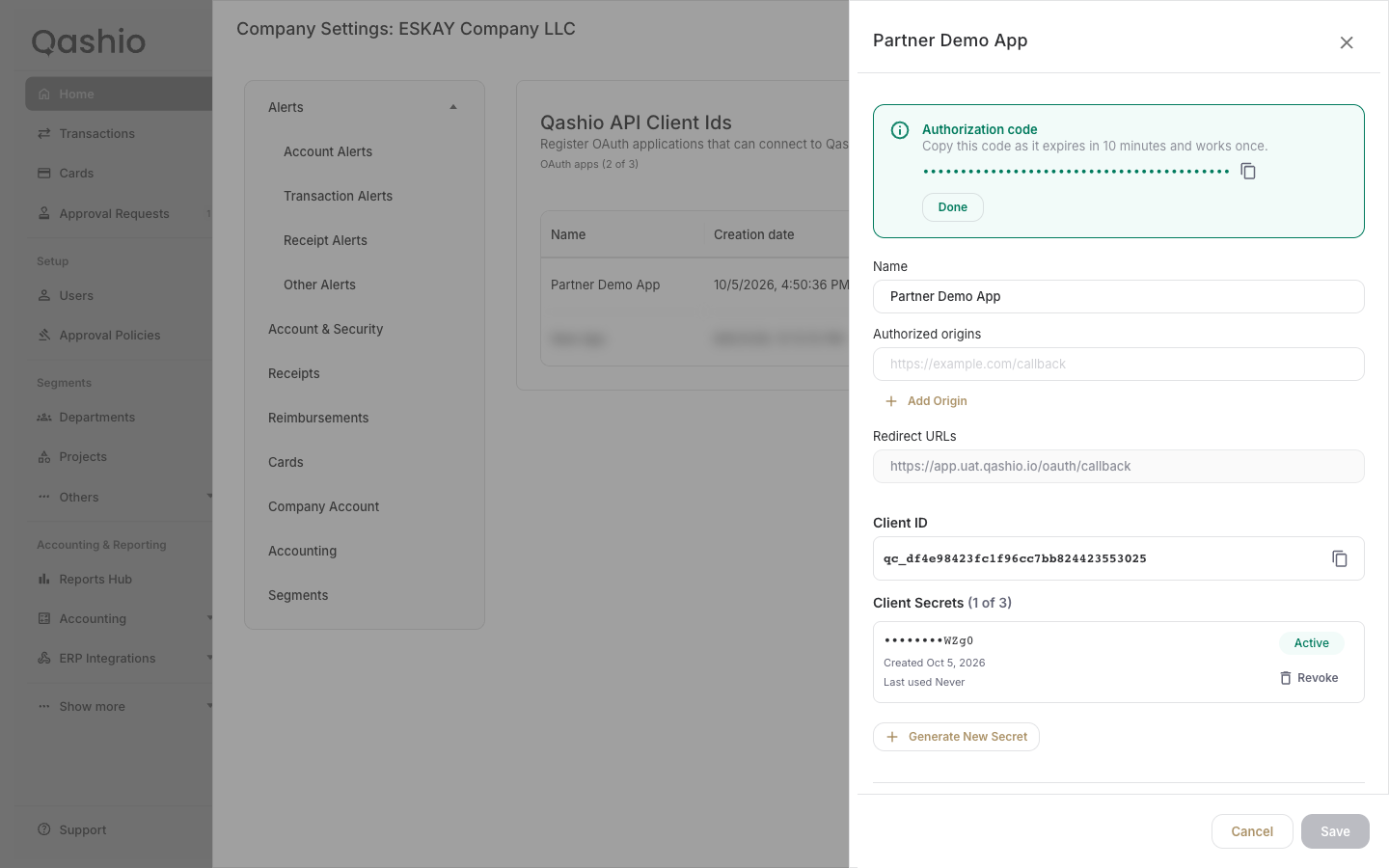 The app panel after Allow, showing the masked authorization code and its copy button